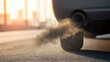 © twc - Vehicle Exhaust Fumes Pollute Air, Climate Change Impact, Dark Smoke Emitting from Car Tailpipe into Urban Environment at Sunset