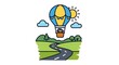 © Rony - Colorful vector illustration featuring a hot air balloon carrying a tiny car, over a winding road, with sunshine