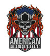 © Rathin - Fierce Skull Wearing Firefighter Helmet Surrounded by Flames and Axes on American Flag Shield Best Selling T-shirt Design