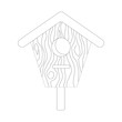 © Lipitorika - Black and white line drawing of wooden birdhouse with triangular roof, circular entrance, perch, and detailed wood grain texture, simple outline illustration for educational and decorative projects