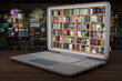 © massimo_g - Libreria, con tanti libri, all'interno di computer portatile. Ebook, libri elettronici, in download disponibili su dispositivo informatico portatile.