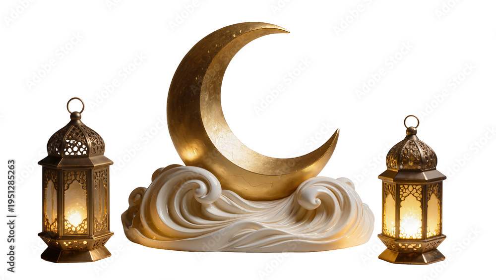 Isolated golden crescent moon and traditional lanterns with glowing ...