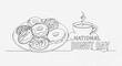 © 28 - Donuts on plate with coffee cup celebrating national donut day in a line art style