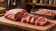 © olga_demina - Selection of Raw Beef Roasts and Sliced Steaks on a Rustic Wooden Table in a Kitchen Setting Reflecting Traditional Culinary Heritage and the Connection between Farm and Table for Wholesome Eating.