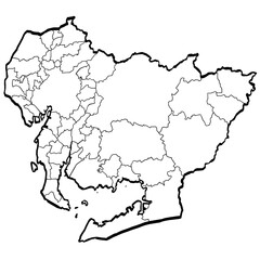  愛知県地図 筆タッチ 市町村区分 和風 中部地方 日本 / A brushstroke map of Aichi prefecture 2