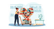 © Kativo - A cheerful librarian stacks a heart-shaped pile of books on a trolley beside a plant