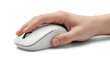 © UIVoria - Close-up studio shot of a human hand comfortably holding a sleek, modern white wireless computer mouse, emphasizing ergonomic design and seamless digital interaction for work and productivity