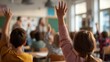© ArzStudio - Warm classroom learning scene, children raising hands in school lesson, education concept with soft light and candid mood isolated PNG with Transparent Background