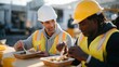 © forenna - Construction worker buying lunch for person experiencing homelessness at food truck, both eating together on industrial site bench, hard hats nearby, perfect for blue-collar kindness, dignity, and