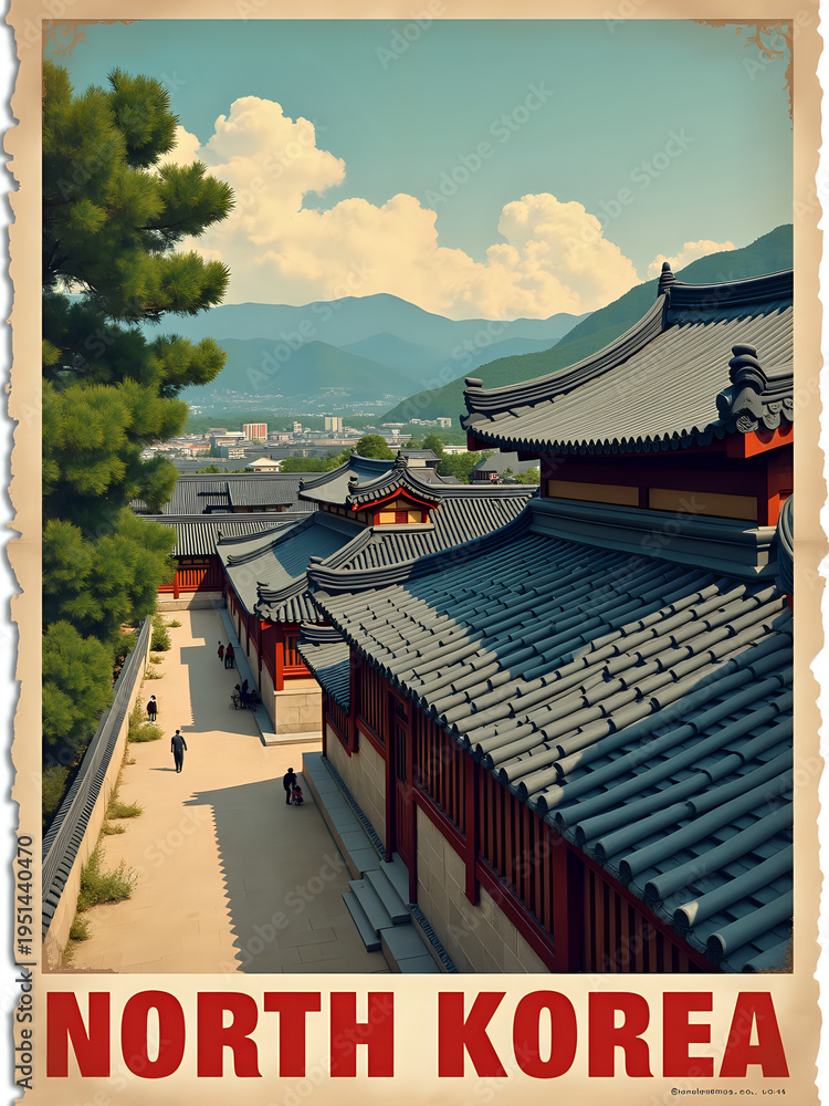 Visitors walk along a pathway surrounded by traditional North Korean buildings in a historic area. The backdrop features mountains and a blue sky with clouds above.
