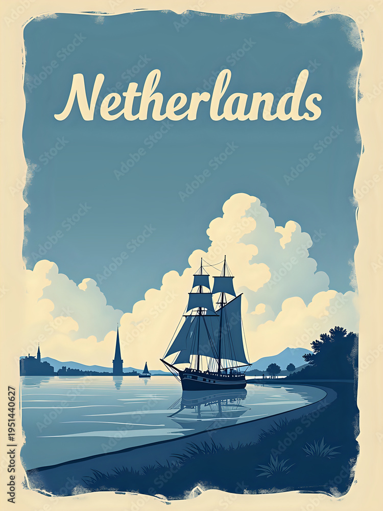 A sailing ship is on calm water in the Netherlands. Clouds fill the sky, and distant buildings are visible. The scene captures a moment of travel and exploration on a clear day.