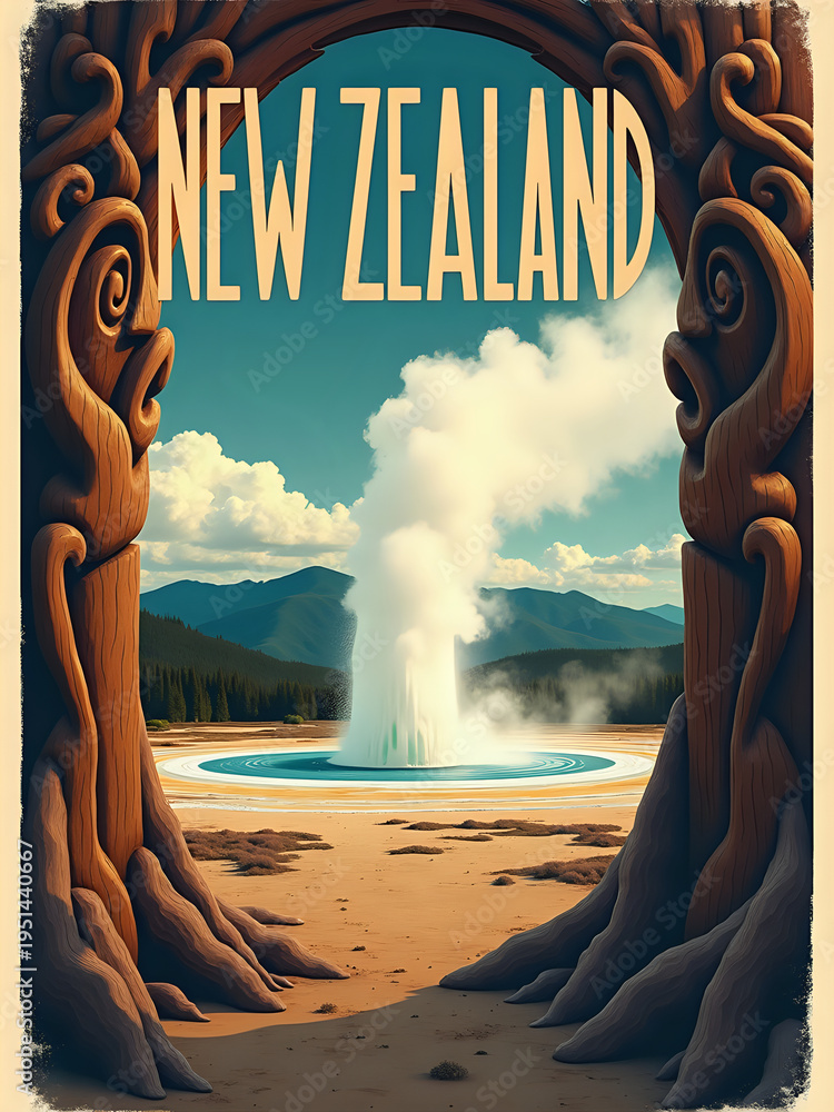 A large geyser shoots water into the air in a natural area of New Zealand. Mountains appear in the background under a clear sky. The scene shows trees framing the geyser pool.