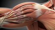 © Nazlykhan - Human arm anatomy showing bicep muscle fibers and tendon structure. Detailed medical visualization of musculoskeletal system for biology education, sports medicine and orthopedic study.