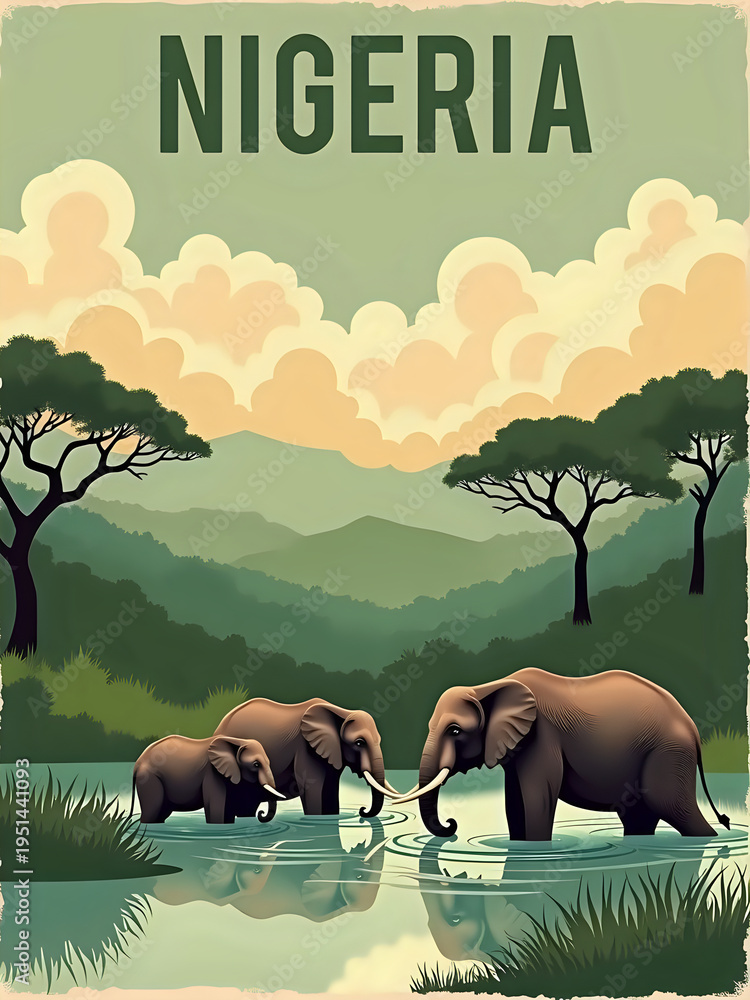 Three elephants gather near a river in Nigeria. They are enjoying the water under a cloudy sky. The mountains and trees surround the area. The scene captures wildlife in a natural habitat.