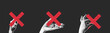 © Roman - Collage halftone hands holding red cross made from crumpled paper texture. People give cross in hand. Collage design, concept of feedback and reject. Vector.
