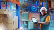 © Grispb - Smart warehouse, logistics technology. Worker with laptop monitors digital inventory dashboard among shelves, tracking stock levels, automation data, IoT sensors, or supply chain analytics.