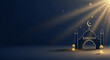 © Sachaayca - Golden mosque and glowing lanterns under celestial light, a beautiful greeting for Ramadan Mubarak and Islamic holy month celebrations on a deep blue background