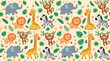 © Abbey Hananta - Adorable Jungle Animals Pattern A Seamless Repeating Design Featuring Lions, Giraffes, Zebras, Elephants, and Monkeys on a Light Yellow Background with Green Tropical Leaves