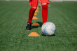 © bo.kvk - Child practices soccer skills with ball and cones on green field