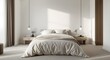 © AbstractAI - Minimalist bedroom interior featuring a double bed with pillows and comforter under soft daylight and a carpeted floor