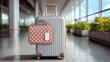 © Nataliia_Trushchenko - Silver suitcase with polka-dot bag waits at airport terminal. Sunlight streams through large windows, casting warm glow. Luggage ready for travel, hinting at adventure ahead