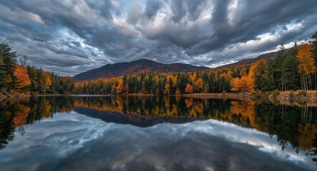  Scenic view of autumn trees and dramatic sky mirrored in calm mountain lake