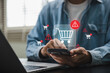 © IDOL'foto - ecommerce security risk and online shopping fraud warning. online shopping security warning on smartphone with digital alert ecommerce cart, transaction risk and cyber threat in mobile