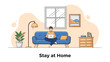 © Gias - Peaceful illustration of a male enjoying working from home on a couch, representing telecommuting and adapting to a new lifestyle.