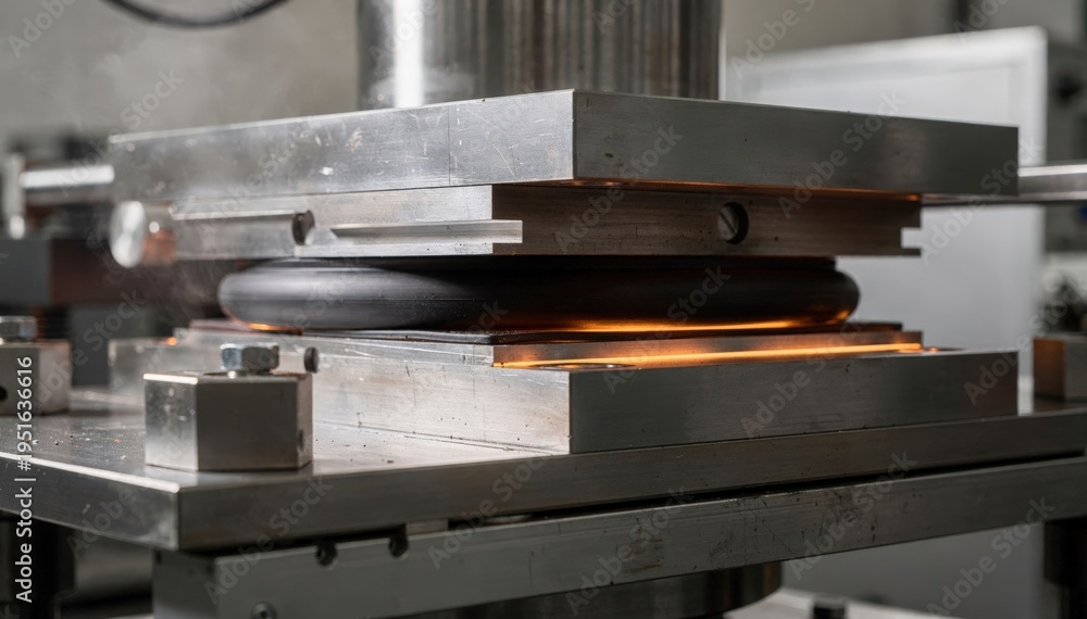 Medium shot of compression molding rubber gaskets with heated press ...