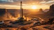 © 24DIY - Oil drilling rig operating in a vast desert landscape at sunset with towering rock formations and industrial equipment