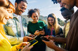 © Xavier Lorenzo - Young group of teenage student friends using smart phones outdoors