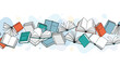 © Biz Flare - Seamless horizontal border featuring many open and closed flying books with different colored covers and abstract shapes.