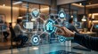 © Elzayady - Smart home automation interface with futuristic digital icons, hand touching holographic control panel, modern office workspace with blurred people