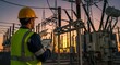 © Md - Engineer inspecting power substation equipment with a digital tablet at sunset