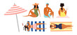 © Maria Skrigan - Women, man in swimsuit, sunbathing on beach, talking, reading book, illustration isolated set. Summer holidays, resort. Flat design element, cartoon character collection, hand drawn vector clip art