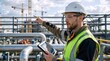 © Vasiliy - Male engineer in hard hat and safety vest holding tablet and pointing at industrial site. Construction supervisor inspecting project with digital device