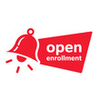 © Shahida - Red bell icon with 'open enrollment' text in a speech bubble, symbolizing an important announcement or reminder for registration.