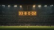 © Javid - Large digital scoreboard displaying game time hanging above a soccer field in a packed stadium. AI generated image