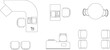 © Riki - Technical interior design plan view showing office furniture layouts including desks, chairs, reception counter and round table arrangement.