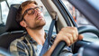 © Wildcat93 - Young Man Sleeping Behind the Wheel While Driving a Modern Car created with Generative AI Technology, ai, generative