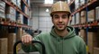 © Bakha - Warehouse worker using hand truck in storage facility with safety helmet and casual wear
