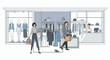 © Rizaldy - Illustration of a man and woman walking past a clothing store with mannequins and racks of clothes in the window display.
