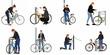 © Tono - Flat vector illustrations set of young women in leather jackets locking their bicycles to poles and racks using chains and padlocks.