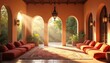 © Vadym - Moroccan style patio with sun rays entering through arches. Orange sofas, ornate rug, potted plants create cozy, tranquil space. Outdoor interior decor has elegant eastern ambience.