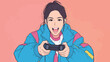 © hakule - Person holds game controller and smiles while playing video game in colorful jacket against pink background