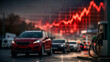 © pattozher - Gas Prices Rising: A long line of cars at a gas station reflects the financial strain of soaring fuel prices, underscored by a grim red graph.
