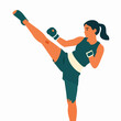 © Gayan - Muay Thai female fighter performing a powerful high kick, Southeast Asian woman athlete in teal sportswear practicing kickboxing in a minimalist gym, focused and energetic mood, fitness concept