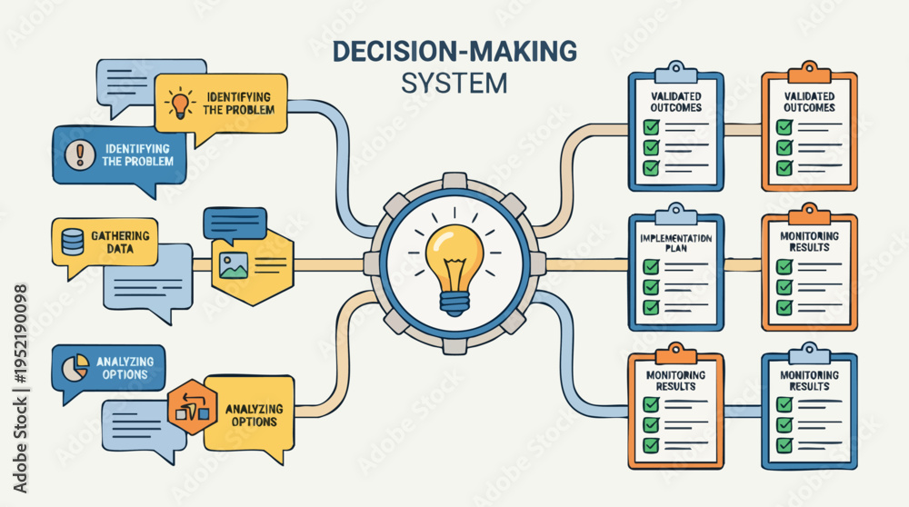 Decision-Making System Diagram with Flowchart and Icons Illustrating ...