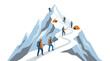© Juliansyah - Detailed flat vector illustration of a team of diverse hikers with full gear and orange tents ascending a steep, snowy Mount Everest ridge for expedition basecamp.