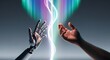 © Rohan - Close-up of a robotic hand and a human hand reaching towards each other with glowing light energy between them.